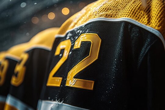 Wet black and yellow hockey jerseys with number 22 lined up, droplets glistening on mesh and leather, moody anticipation and gritty intensity