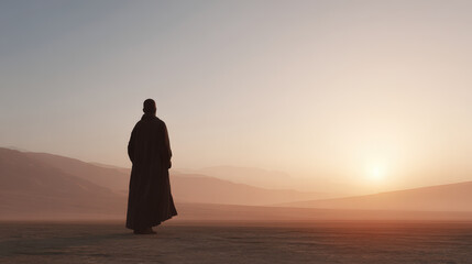 silhouette of wise man stands against breathtaking desert sunset embodying tranquility