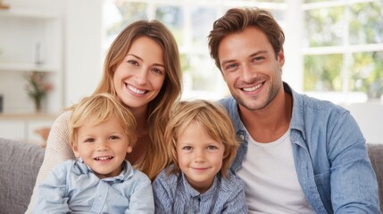 Obraz premium A cheerful family poses for a picture indoors, sitting on a couch. Two young boys are smiling beside their parents, creating a cozy and joyful family moment.