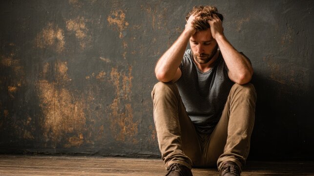 A young man is seated on the floor, leaning against a textured wall. He holds his head in his hands, displaying visible signs of distress and contemplation in a dark space.
