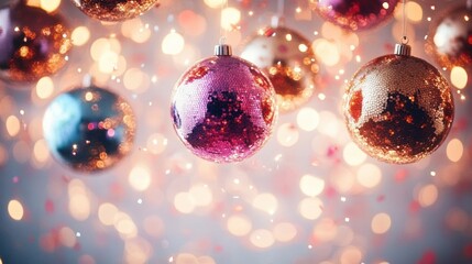 sparkling pink, gold and teal sequin baubles hanging against warm bokeh lights conveying a festive, joyful and glittering holiday celebration mood