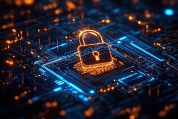 glowing orange padlock icon on an illuminated blue circuit board conveying futuristic digital security and protection