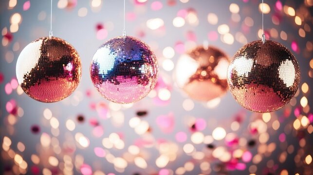 Four mirrored disco balls hanging amid pink and gold confetti bokeh, sparkling reflections and soft lights evoking a joyful glamorous party atmosphere