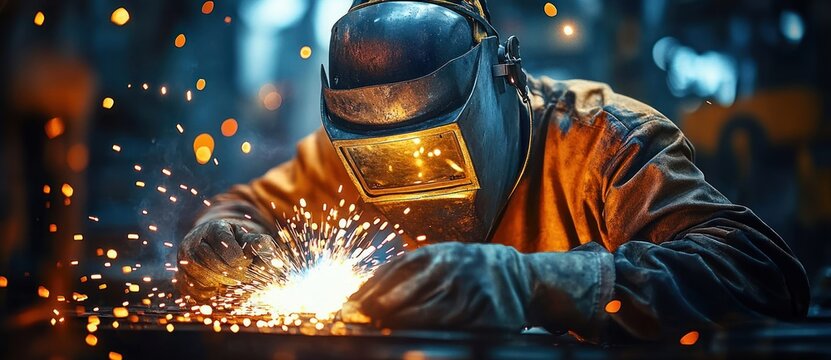 welder in protective helmet and heavy gloves welding metal with bright orange sparks flying in a dim industrial workshop, intense focused concentration and heat glow