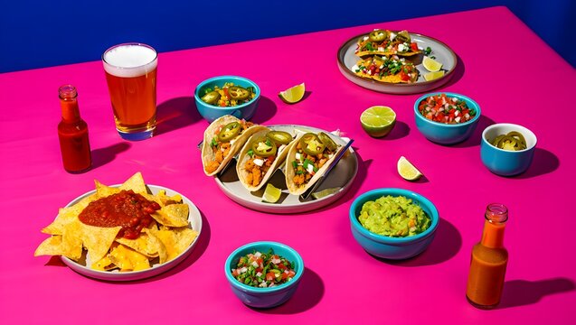 Vibrant overhead view of a mexican fiesta with tacos nachos guacamole and beer