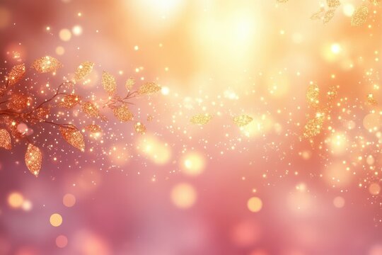 golden glitter leaves on slender branches with floating sparkles and warm bokeh light creating a dreamy, enchanting festive atmosphere - Powered by Adobe