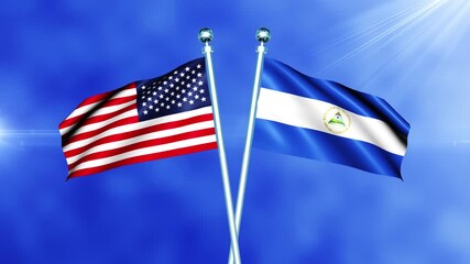 USA and Nicaragua Flag Waving On Pole Loop