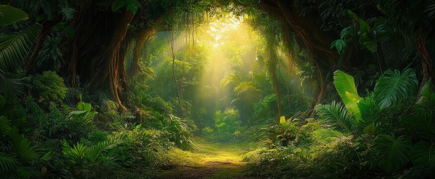 sunlit jungle clearing with arching tree roots, dense tropical foliage and a mossy path bathed in golden rays, serene and magical atmosphere