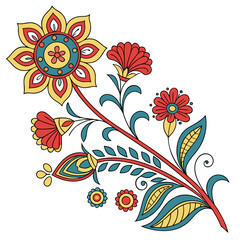 A whimsical floral arrangement with folk art style, featuring colorful flowers and leaves, isolated on vector illustration