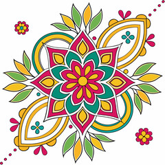 A vibrant and intricate floral mandala design with symmetrical patterns and colorful details, isolated on vector illustration