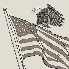 A majestic bald eagle perched atop the waving american flag, symbolizing freedom and patriotism, isolated on vector illustration