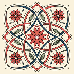 Intricate floral arabesque design isolated on, showcasing a harmonious blend of red, blue, and green hues in a symmetrical composition