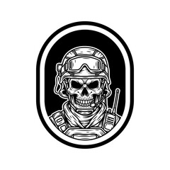 Tactical Skull Soldier Vector Emblem – Military Special Forces Masked Skull Badge in Bold Black and White Line Art
