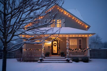 Cozy snow covered house decorated with warm christmas lights and garland