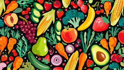 Vibrant assortment of fresh fruits and vegetables arranged in a colorful pattern