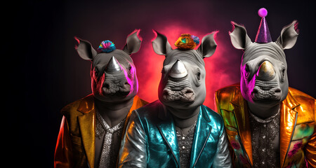 Group gang of rhino rhinoceros in neon bright sparkly rock punk colour outfit, Creative animal concept., copy text space. commercial, editorial advertisement party invitation invite	
