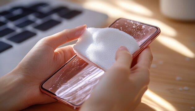 hands gently cleaning a smartphone screen with a white cloth and soapy water on a wooden desk next to a laptop, warm sunlight, careful tidy feeling
