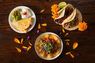 Delicious mexican food spread with tacos quesadillas and soup artfully arranged on a wooden table
