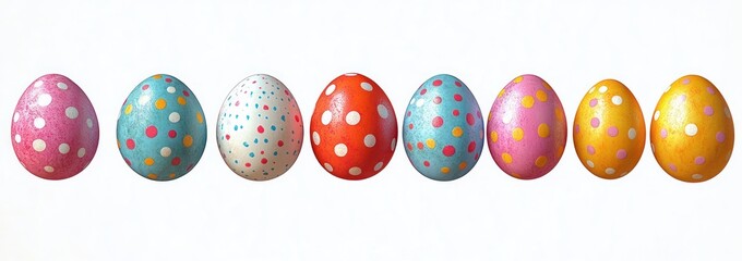 Row of eight glossy polka-dot painted eggs in bright pastel and bold colors on a clean white background, cheerful festive spring decoration