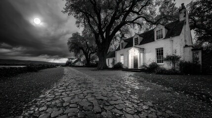 Atmospheric grayscale house beneath a full moon, cobblestone path leading