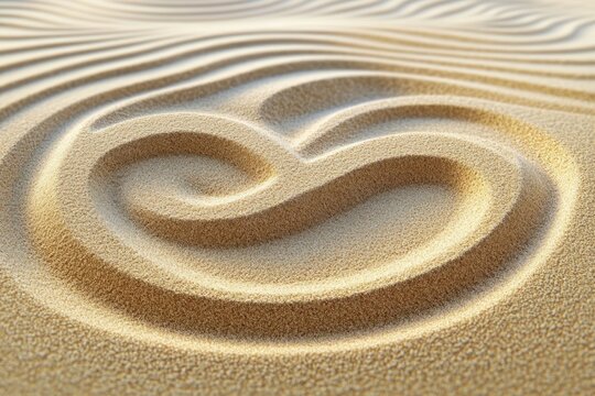 Close-up of golden sand with smooth ripples and a heart-shaped spiral depression, textured fine grains and soft light evoking calm serenity and meditative minimalism