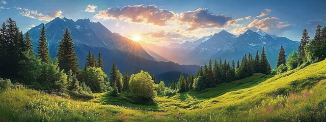sunrise over snow-capped alpine mountains with sunburst through clouds, dense pine forests and a lush wildflower meadow on rolling green hills, peaceful and awe-inspiring