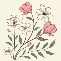 A delicate floral arrangement featuring pink and white flowers with brown stems and gray leaves on a light beige background, creating a soft and elegant design