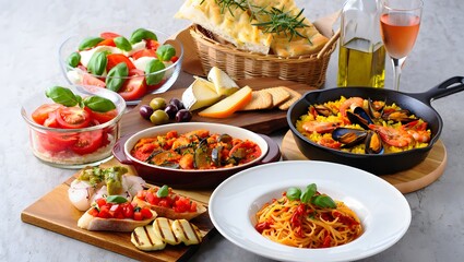 Delicious italian feast with pasta salad bread and seafood paella