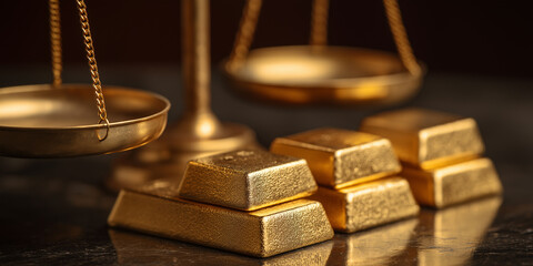 Gold bar justice weighing scale balance between precious metal value  principle equality fairness law.