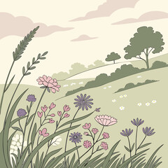 A serene illustration of a meadow with wildflowers, rolling hills, and scattered trees under a gentle sky, evoking a sense of tranquility and natural beauty