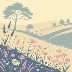 A serene landscape illustration featuring rolling hills, trees, and wildflowers in pastel shades of blue, pink, and yellow, creating a peaceful and idyllic scene