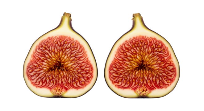 Two fig halves display vibrant inner textures, perfect for recipes, health articles, or creative food photography projects with a fresh, natural appeal today