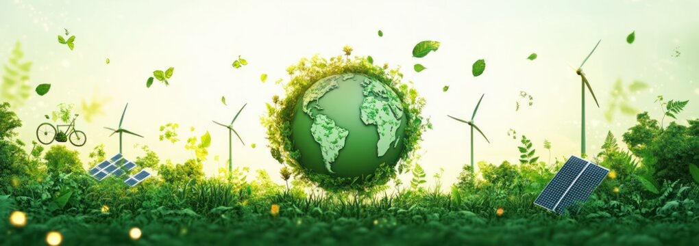 lush green planet globe surrounded by wind turbines, solar panels, a bicycle, butterflies and flourishing plants, evoking hopeful environmental harmony