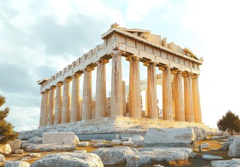 Fototapeta premium Ancient Greek temple ruins with tall doric columns and pediment on a rocky hill, scattered stone blocks and sparse trees under a cloudy sky bathed in warm golden light, majestic and serene
