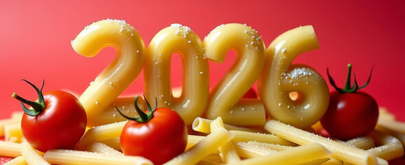 Penne numerals 2026 amid scattered penne and cherry tomatoes, rustic kitchen styling with parmesan and coarse salt. New Year cooking banner for restaurants or cafe.