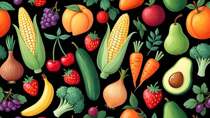 Vibrant assortment of fresh fruits and vegetables arranged artfully on a dark background