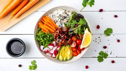 Vibrant healthy poke bowl with fresh vegetables and grains on a white wooden table