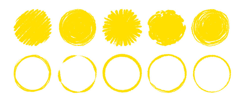 Round sun watercolor paint shape sets. Hand drawn rough yellow circle shape ink brush stroke grunge texture. Grunge circular rough brush badge background Japanese sun elements. Vector illustration
