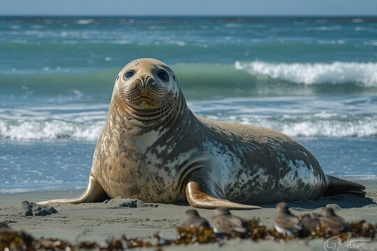 Curious spotted seal resting on sandy beach with rolling ocean waves, seaweed and small shorebirds in a calm coastal scene