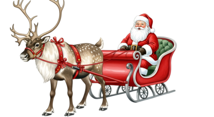 Santa claus in his sleigh pulled by a reindeer, ready for christmas eve delivery