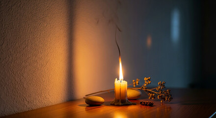 Warm candlelight illuminating a peaceful scene with natural elements, perfect for creating a serene and cozy atmosphere, ideal for relaxation or mindfulness practices