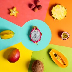 Vibrant assortment of exotic tropical fruits arranged on a colorful geometric background