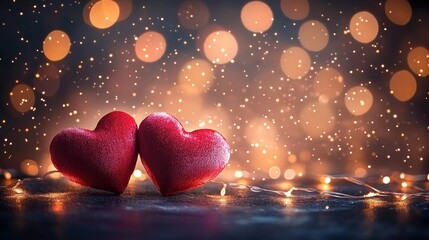 two red fabric hearts leaning together on a dark surface beside warm glowing string lights with golden bokeh and sparkling dust, romantic and cozy mood