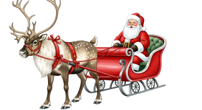 Santa claus in his sleigh pulled by a reindeer, ready for christmas eve delivery - Powered by Adobe