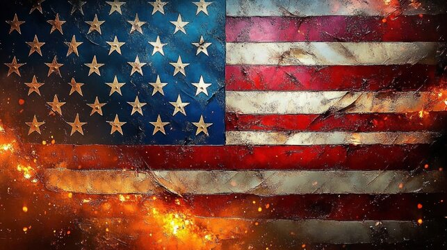 Distressed burning American flag with stars and stripes in cracked metallic texture, glowing embers and flames conveying intense, dramatic and defiant patriotism and turmoil