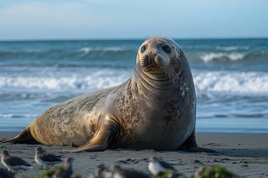 Curious gray seal resting on sandy beach with small shorebirds and rolling ocean waves, calm coastal scene - Powered by Adobe