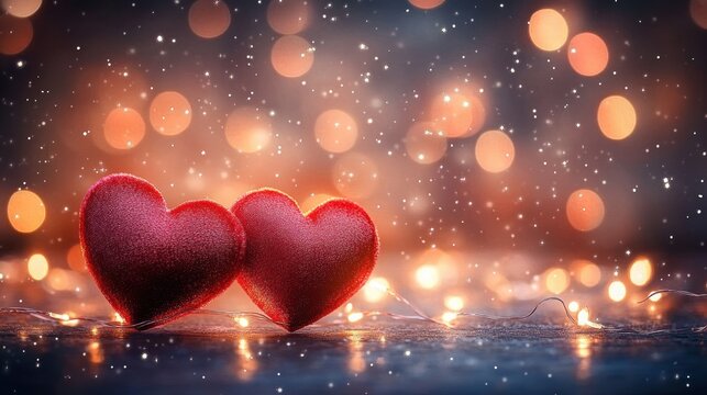 Two red plush hearts side by side on a reflective surface with warm bokeh lights and falling snow creating a cozy romantic atmosphere