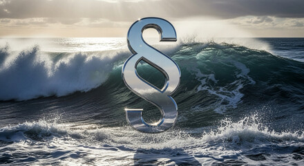 Powerful ocean waves backdrop a gleaming paragraph symbol, illustrating legal strength and coastal protection, ideal for environmental law or maritime regulations