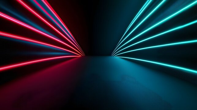 This striking image features converging lines of vibrant red and teal neon lights against a dark, textured background creating a futuristic, abstract design.