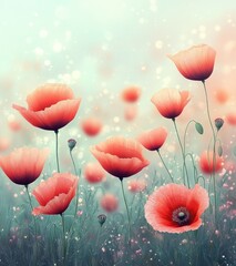 Obraz premium delicate red poppy flowers and unopened buds on thin green stems among tiny wild blossoms and grasses, glowing in soft pastel light with a dreamy serene mood